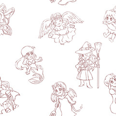 Kids fairy tale, seamless pattern cartoon character design sketch outline vector illustration