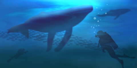 he whale with blue light flying. Sea fantasy, big whale, the silhouette of a man by the sea.