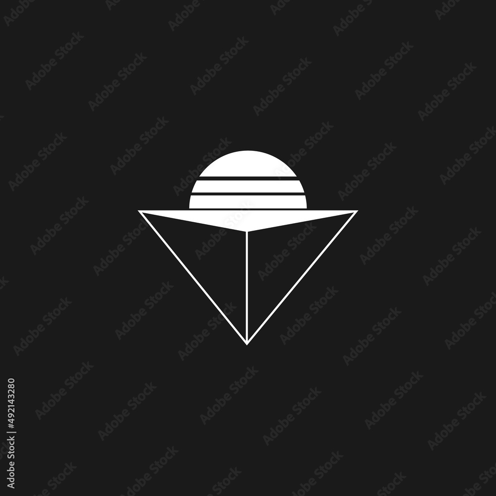 Poster retrowave aesthetics linear inverted pyramid with a sun on top of it. synthwave black and white pyra