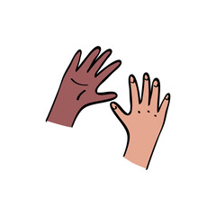 Kids hands reaching out to each other. Black and caucasian unity, diversity concept. Outline with color illustration in hand drawn style