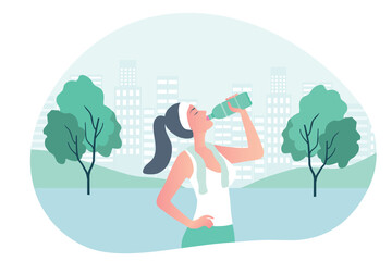 Healthy woman drinking water during exercise vector illustration. Healthy lifestyle and wellbeing  concept