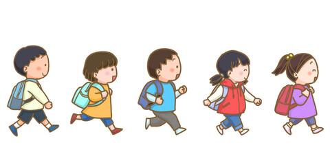 一列に並んで歩いている5人の子供たち