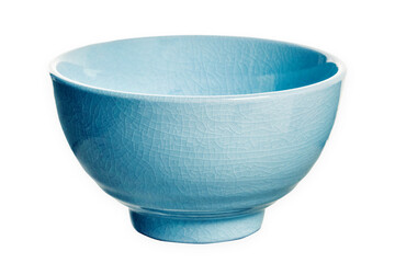 Ceramic bowl with cracked pattern, Blue bowl isolated on white background with clipping path, Side...