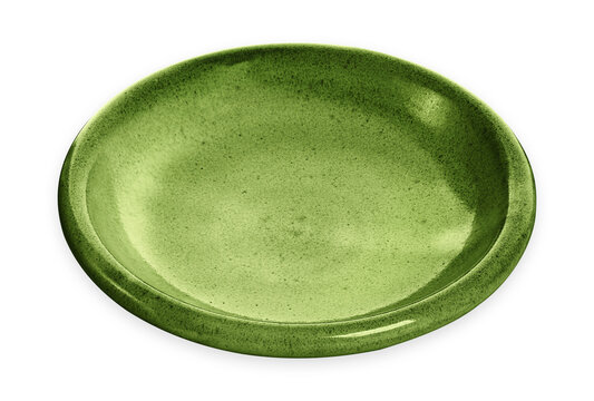 Empty Ceramics Plates, Green Plate Isolated On White Background With Clipping Path, Side View 