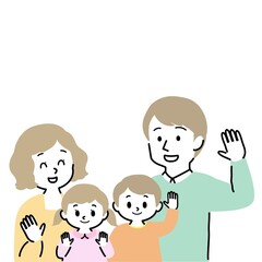 イラスト素材：こちらに手を振る男女の子供を育てる幸せな若い夫婦 　4人家族（手描き風シンプル）
