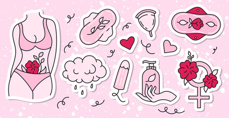 Menstruation theme stickers. Period. Various feminine hygiene products. Zero waste objects. Panties, pads, cups. Menstrual protection, feminine hygiene. Hand drawn vector illustration.