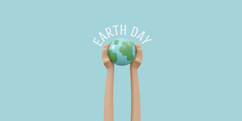 3D Rendering of hand holding earth icon concept of earth day background, banner, card, poster with text inscription. 3D Render illustration cartoon style.