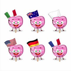 Pink lolipop love cartoon character bring the flags of various countries