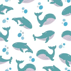 Zelfklevend Fotobehang cute whale seamless pattern wallpaper background © yellowkids