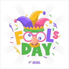 april fools day with jester hat and glasses style cartoon white background is very good for greeting cards, sales, promos, flyers, posters, backgrounds, web or social media etc.