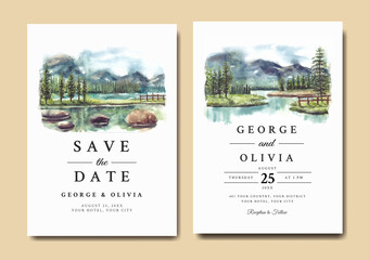 Fototapeta na wymiar Wedding invitation with reflection of beautiful pine trees and mountain in lake watercolor