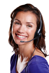 My customer service smile. Studio portrait of a woman in her mid-30s wearing a headset and smiling widely at the camera.