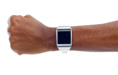 Cropped view of a woman wearing a smartwatch. The commercial product(s) or designs displayed in this image represent simulations of a real product, and are changed or altered enough so that they are