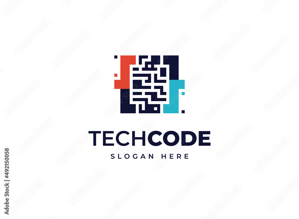 Poster tech code online icon logo symbol, creative reading bar code block technology scanning vector logo d