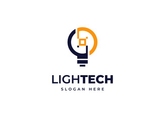 Fototapeta premium Light tech bulb lamp shine vector logo design, Code idea light bulb technology smart electricity vector logo design