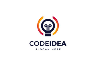 Obraz premium Code idea light bulb technology smart electricity vector logo design, Creative modern brilliant tech logo design