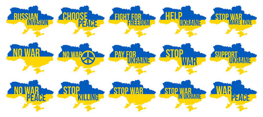 Russian Invasion in Ukraine Lettering with Blue and Yellow In Ukraine Map Vector Illustration