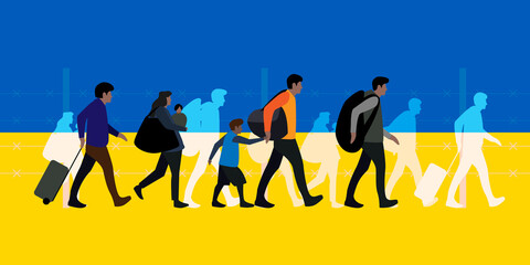 Refugees and immigrants concept, Ukraine flag, vector Illustration - obrazy, fototapety, plakaty