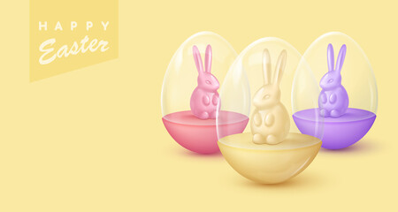 Banner with glossy colored eggs with glass dome and colored rabbit, bunny on yellow background. Happy Easter poster. Vector illustration for card, party, design, flyer, banner, web, advertising.