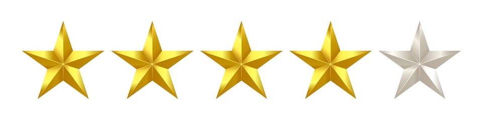 4 stars rating icon. 4 out of 5 stars rating. Four golden feedback stars icon. Customer feedback rating. 4 stars rating review concept. High resolution 4 stars rating illustration.