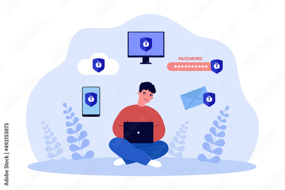 Poster man protecting private information. person using lock of authorization on cloud storage, phone, comp