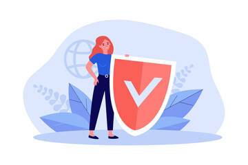 Tiny woman holding online virus protection shield. Person protecting data from risk of cyber attack flat vector illustration. Antivirus, defense concept for banner, website design or landing web page - obrazy, fototapety, plakaty