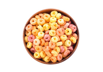 Cereals in bowl isolated on white background. Top view.