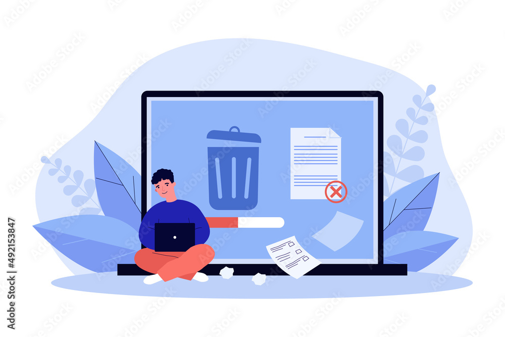 Fototapete man removing data files or documents to trash bin. tiny person cleaning laptop with cleansing app fl