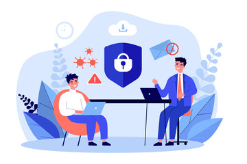 People protecting data privacy from viruses and phishing. Tiny persons sitting with laptops flat vector illustration. Antivirus protection concept for banner, website design or landing web page