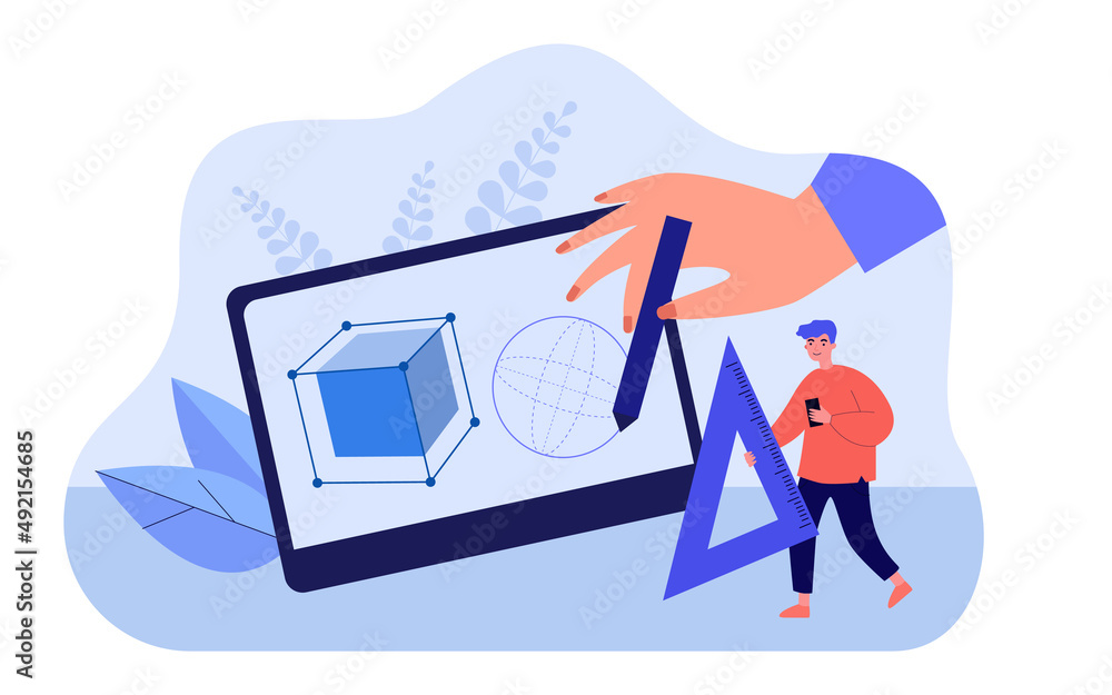 Aufkleber designers hand drawing 3d figures with stylus and tablet. tiny man helping with ruler flat vector il