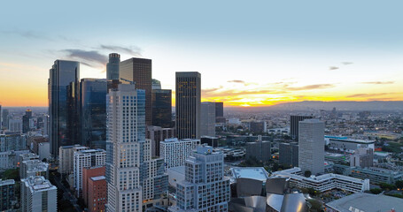 City of Los Angeles, panoramic cityscape skyline scenic, aerial view at sunset, business center...