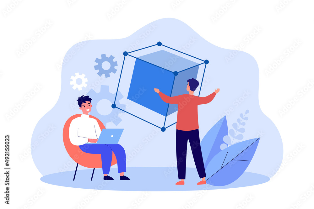 Poster work of designers with virtual simulation of 3d cube. man sitting at laptop while configuration sele