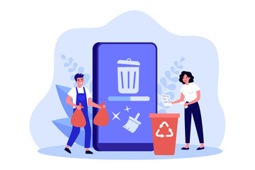 People cleaning mobile phone from trash files. Man and woman deleting documents with cleansing software flat vector illustration. Cache, spam concept for banner, website design or landing web page