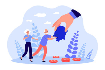 Hand stealing piggy bank with money from senior citizens. Bank taking savings of old tiny man and woman flat vector illustration. Crisis, pension concept for banner, website design or landing web page - obrazy, fototapety, plakaty