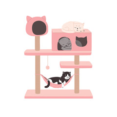 The cats are resting in the cat tower. Cat tree with a scratching post and a house where kittens sleep. Luxurious pink animal house. Flat vector illustration of pet furniture isolated on white.