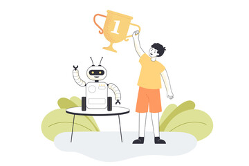 Happy young winner of school robotics competition. Kid holding award, robot or electronic toy on table flat vector illustration. Modern robots, education, programming concept for banner, landing page