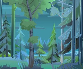 Birch. Night landscape with trees and fir trees. Coniferous forest at dusk. Dark summer scene. Illustration in cartoon style flat design. Vector