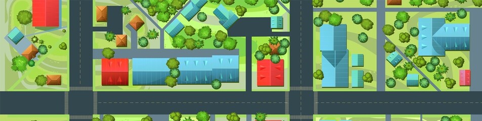 Streets of city. Top View from above. Small town house and road. Map with roads, trees and buildings. Modern car. Horizontal background image. Cartoon cute style illustration. Vector