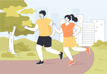 Happy cartoon persons jogging in summer. Male and female athletes running marathon in park together flat vector illustration. Healthy lifestyle, sports, recreation, fitness concept for banner