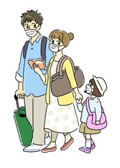 楽しそうな旅行中のマスクをしている家族　観光