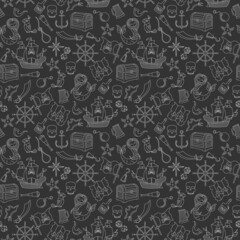 Seamless illustration of the topic of piracy and sea travel outline icons, light contour on a dark background