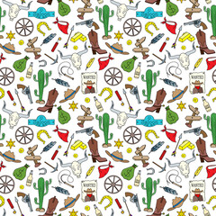 Seamless pattern on the theme of the wild West, colored cartoon icons on white background