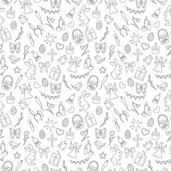 Seamless pattern with simple contour icons on a theme the holiday of Easter , dark contours on white background