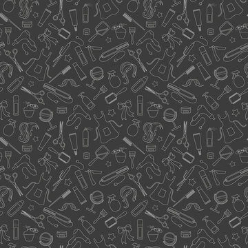 Seamless pattern on the theme of the Barber shop, the tools and accessories of the hairdresser, a simple contour icons, light contour on a dark background