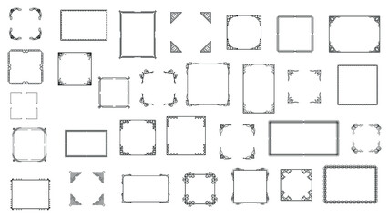 Big Set Black Simple Line Frame Collection Doodle Square Floral Frame Elements Vector Design Style Sketch Isolated Illustration For Banner