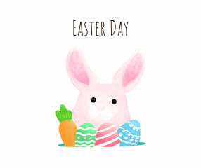 Happy easter rabbit with decorative egg vector illustration. Easter card in water color style