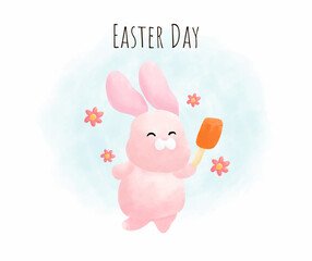 Happy easter rabbit with decorative egg vector illustration. Easter card in water color style