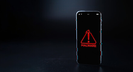 Hacker security cyber attack smartphone. Digital mobile phone isolated on black. Internet web hack...