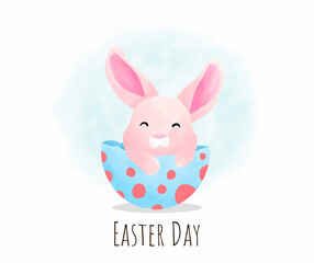 Happy easter rabbit in decorative easter egg vector illustration. Easter card in water color style