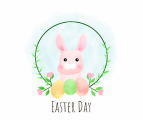 Happy easter rabbit with floral easter egg vector illustration. Easter card in water color style